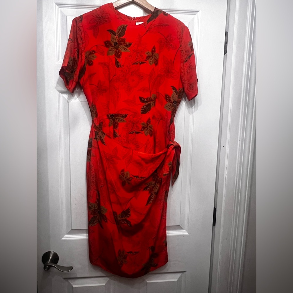 Vintage Barrie Pace Floral Silk Dress Tie Side Short Sleeves Coral Orange 6 p